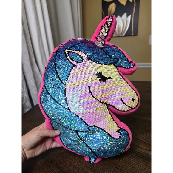 Unicorn Pink Silver Reversible Sequin Throw Pillows 14”x 12” Decorative Mermaid - Picture 1 of 16